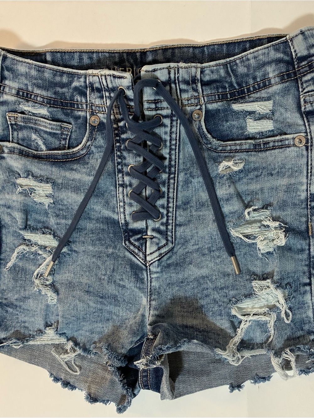 American Eagle Outfitters Distressed Lace-Up Blue Denim Shorts